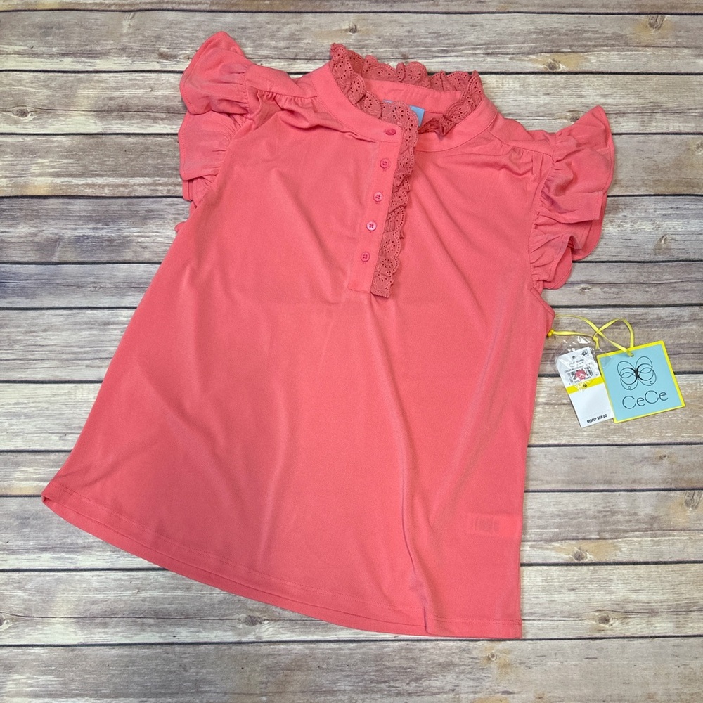 Cece Ruffle Sleeve Front Button Lace Trim Top Calypso Coral Size M